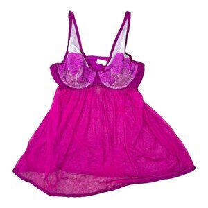 Cacique Womens Fuchsia Hot Pink Sheer Lace Babydoll Chemise Lingerie Size 14/16